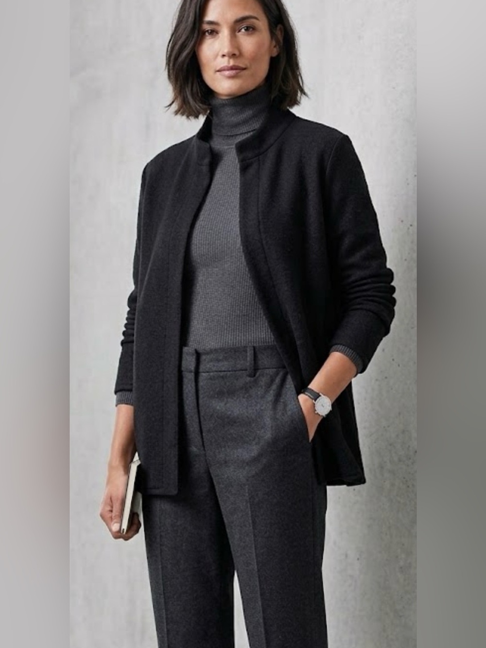 Eileen Fisher Black Open-Front Sweater Jacket Cardigan Turtleneck